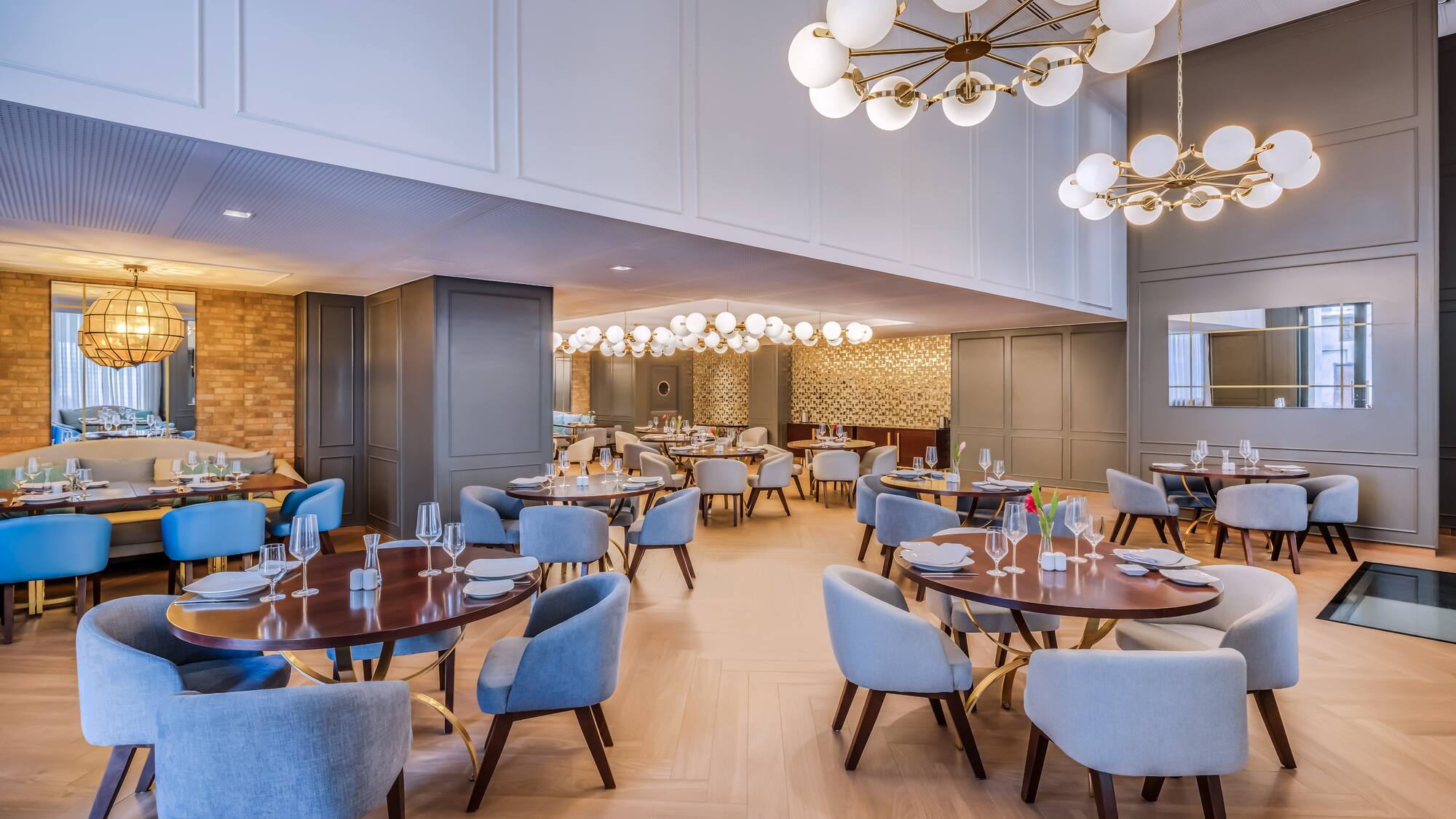 a room with tables and chairs