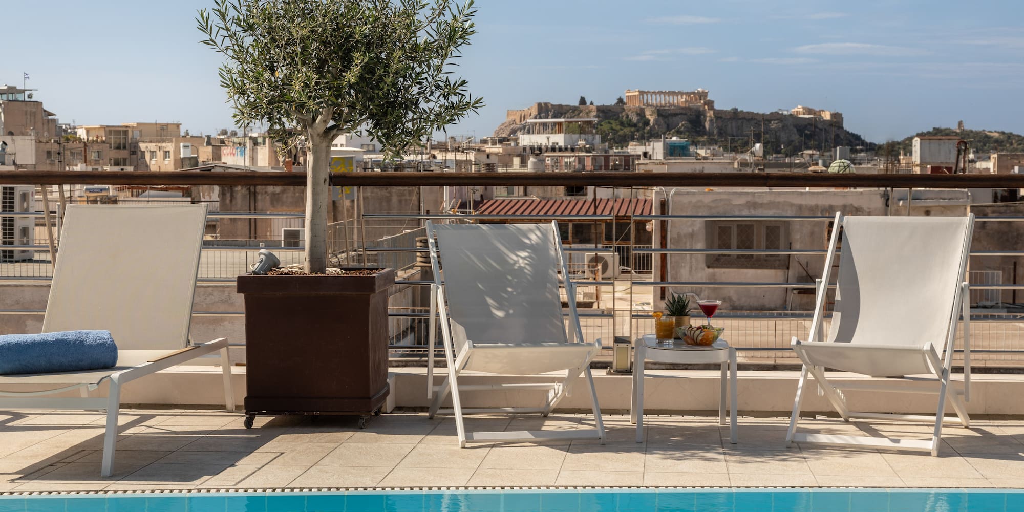 Rooftop pool in Athens with Acropolis view, lounge chairs, olive tree.