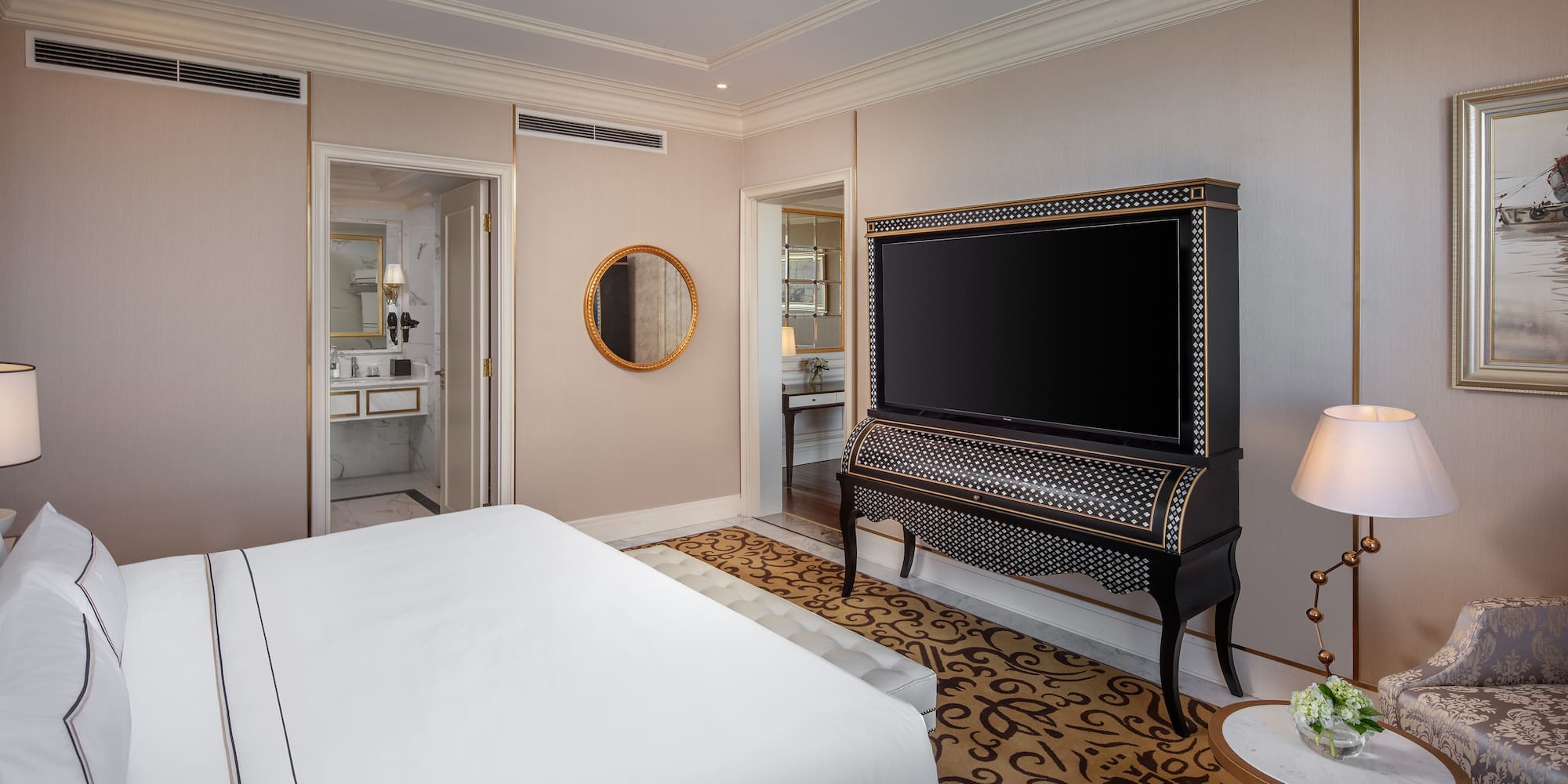 a room with a piano and a bed