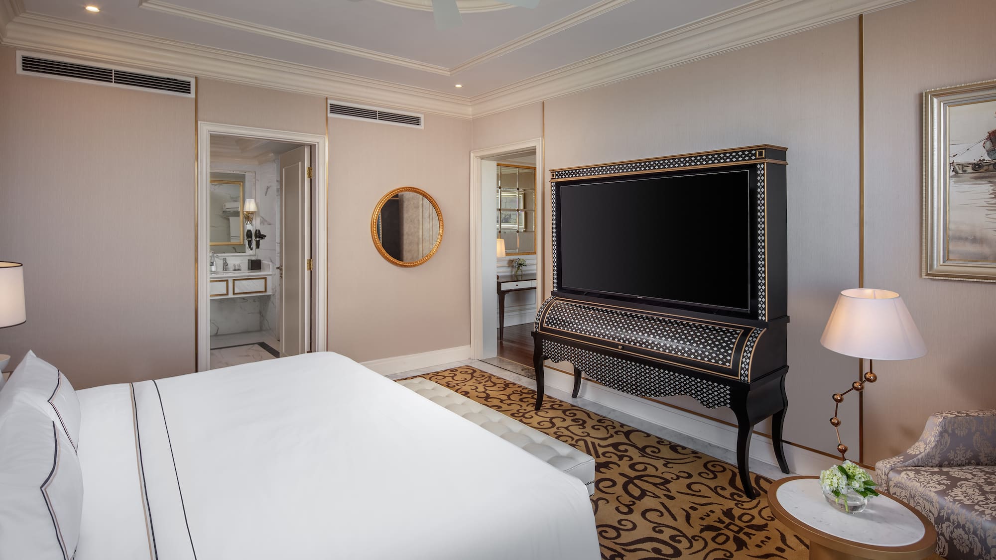 a room with a piano and a bed