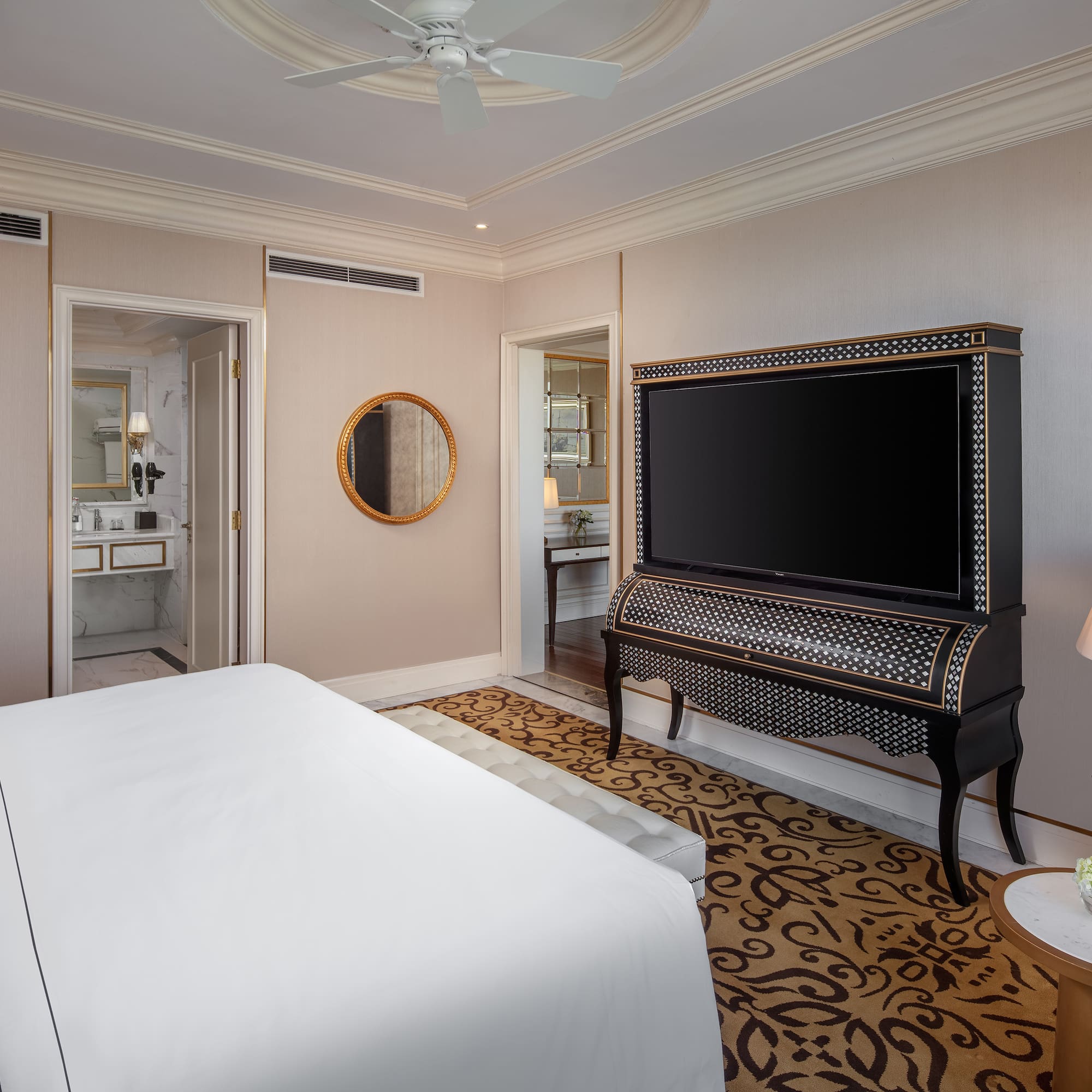 a room with a piano and a bed