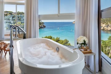 a bathtub with bubbles in front of a window overlooking a body of water