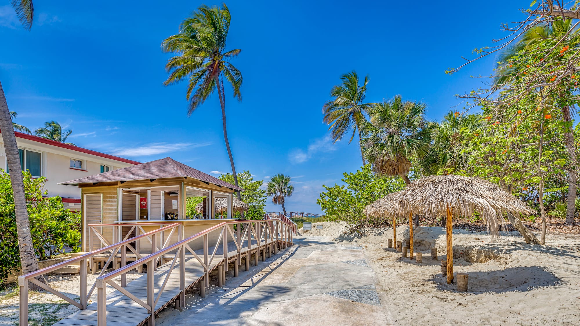 a walkway with a building and palm trees