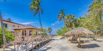 a walkway with a building and palm trees