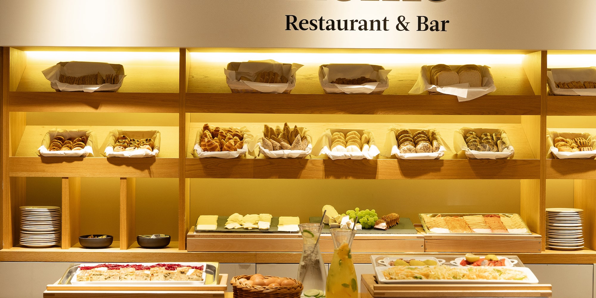 a buffet with food on shelves