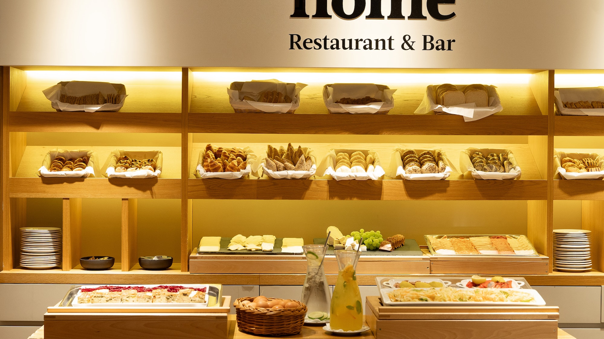 a buffet with food on shelves