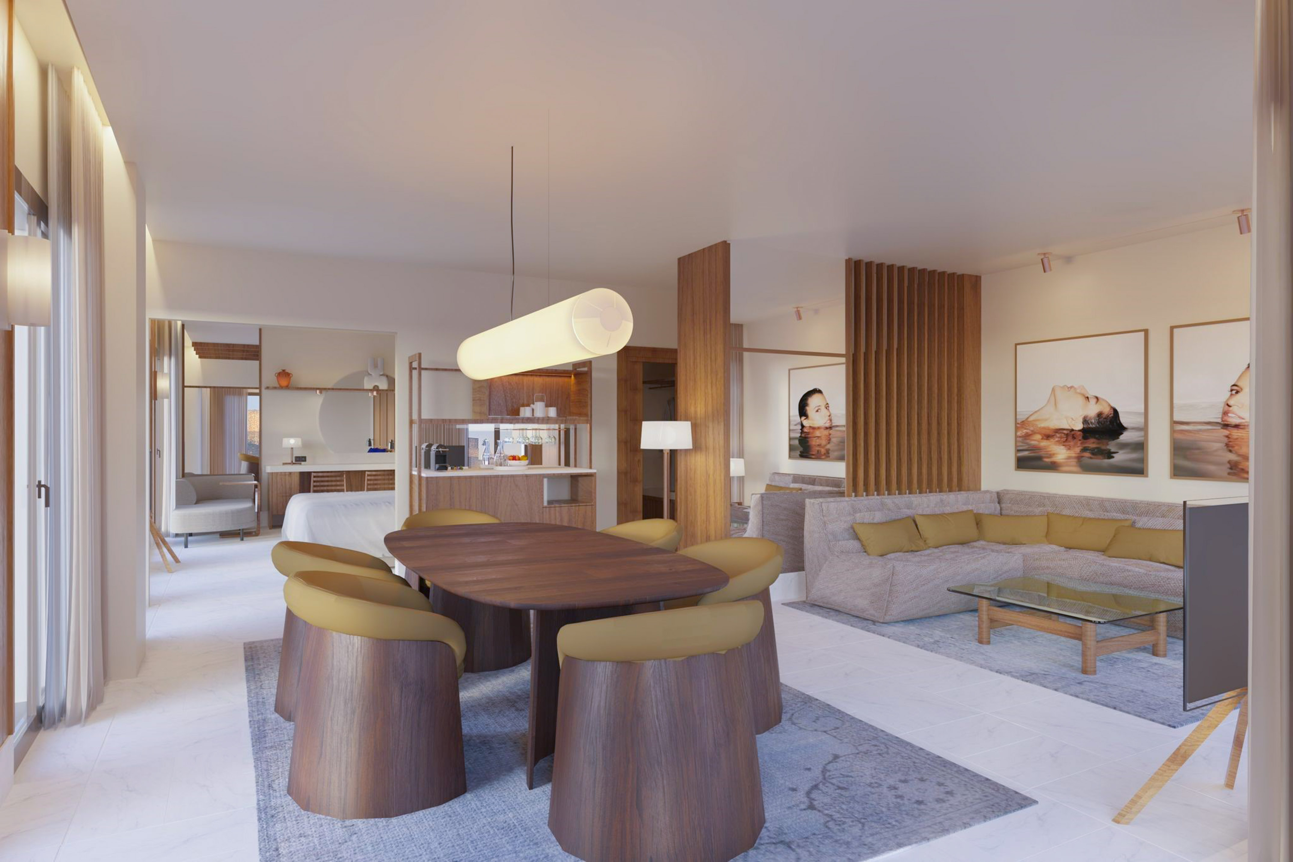 a room with a table and chairs