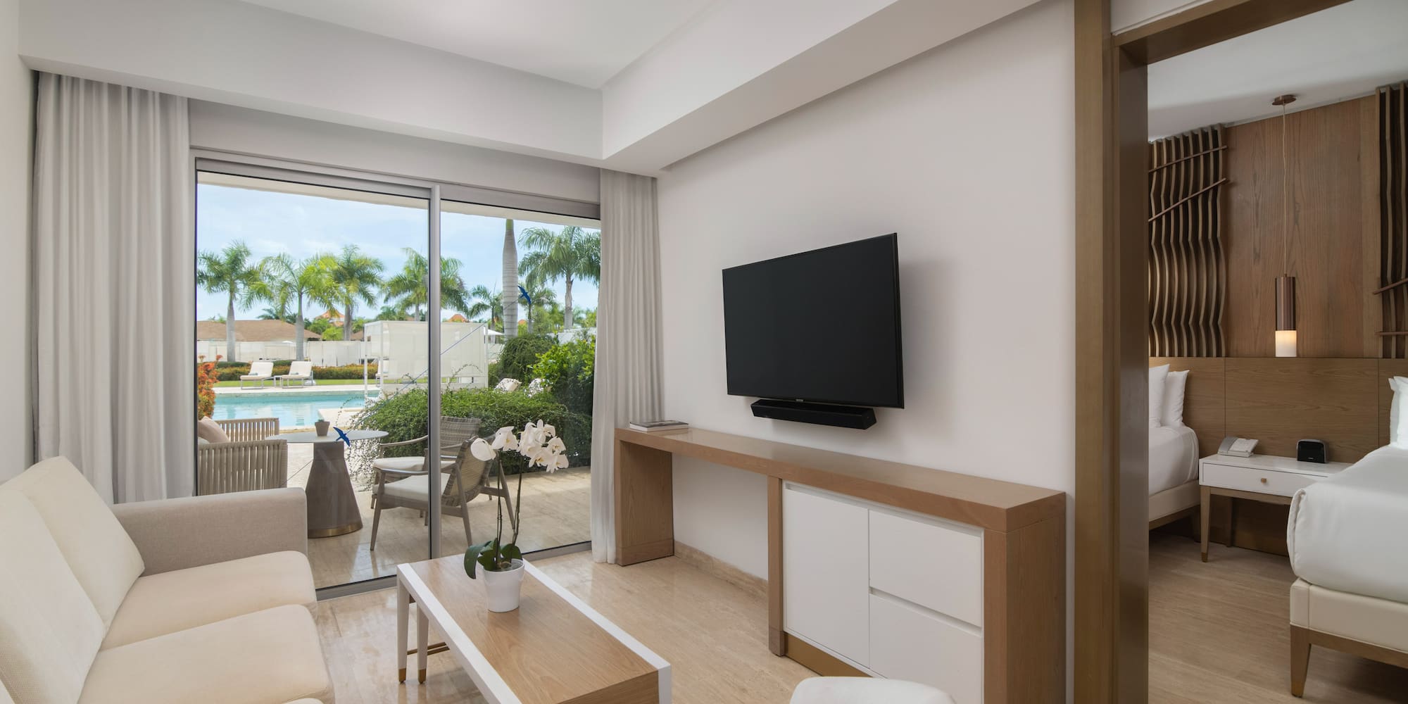 a living room with a television and a pool