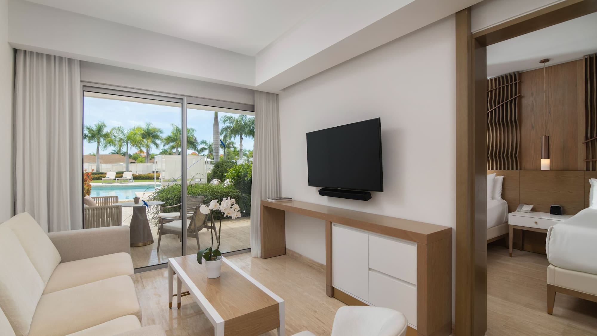 a living room with a television and a pool