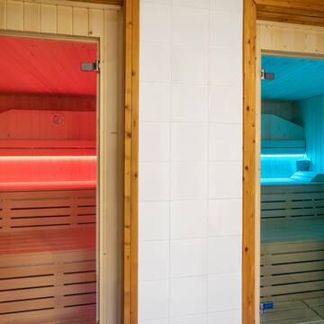 a two doors of a sauna