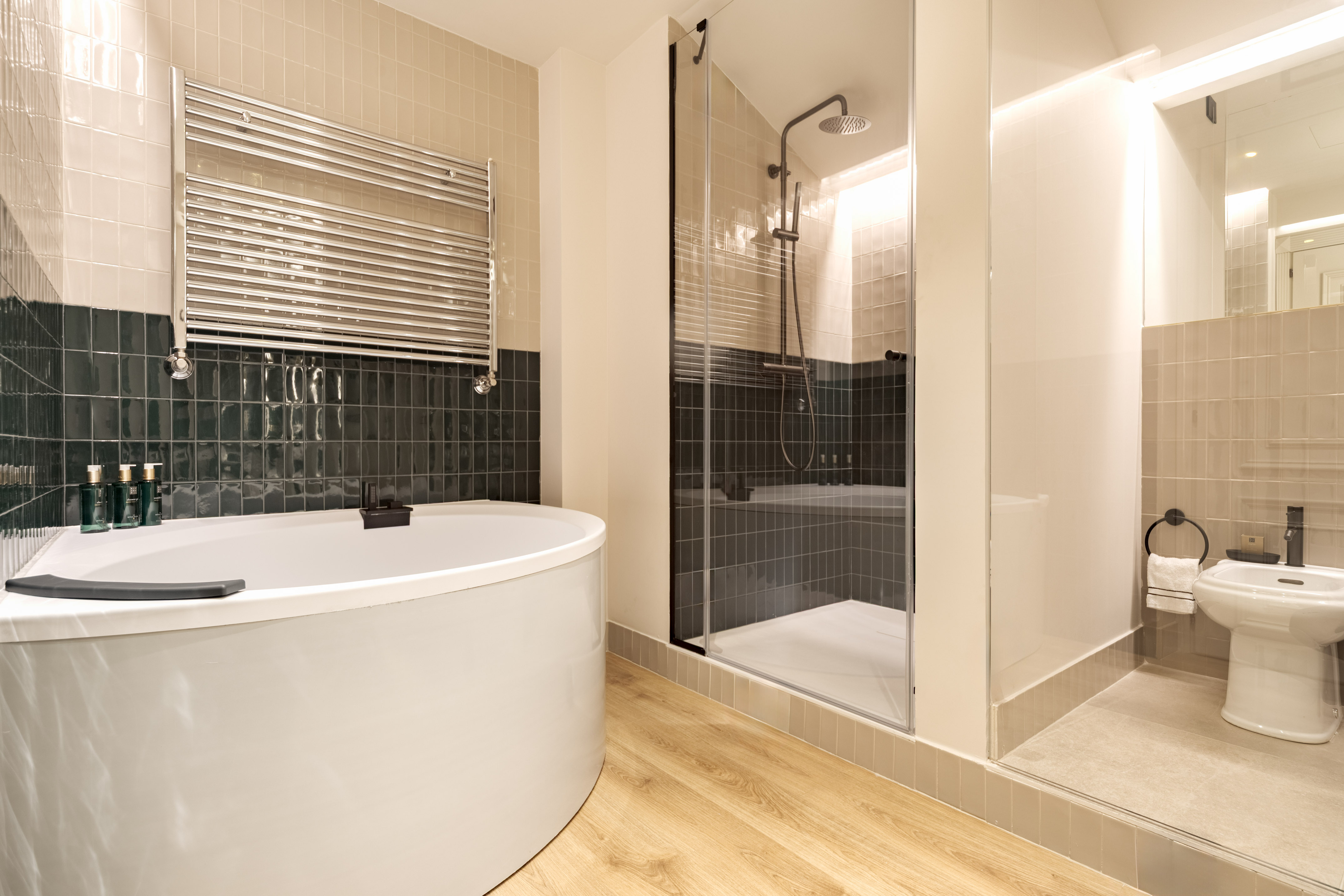Modern bathroom with white bathtub, glass shower, and heated towel rail.