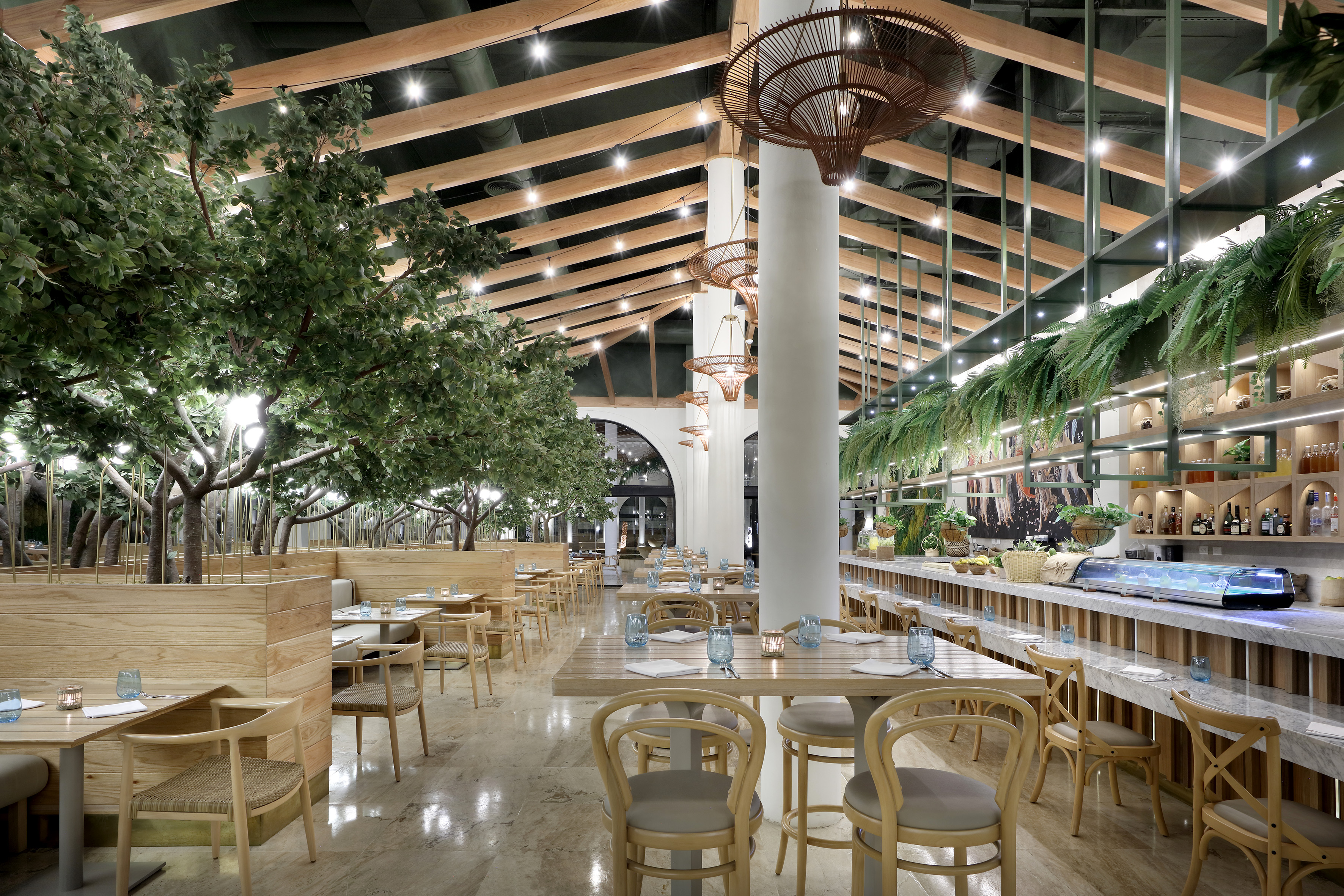 Modern restaurant with indoor trees, wood ceilings, dining tables, and bar.