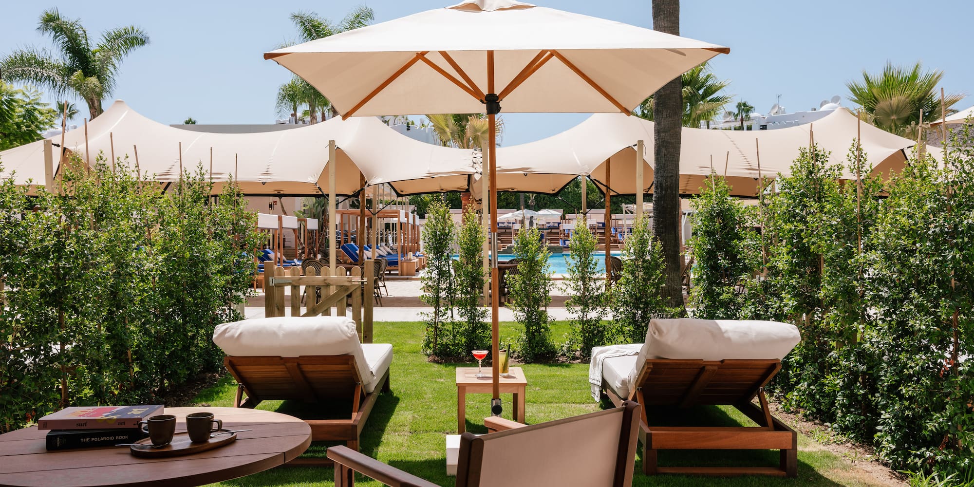 chairs and umbrellas on a patio