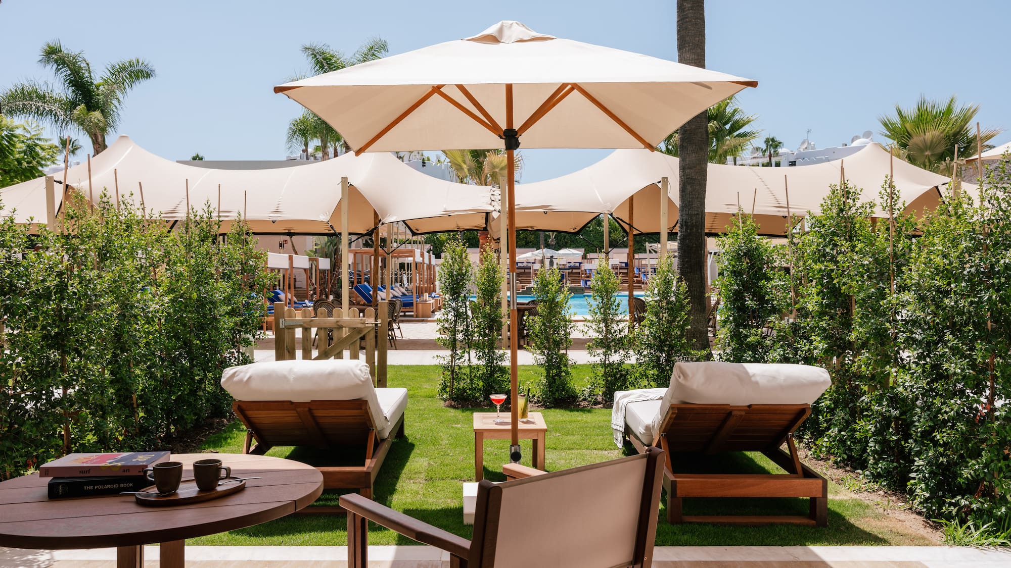chairs and umbrellas on a patio