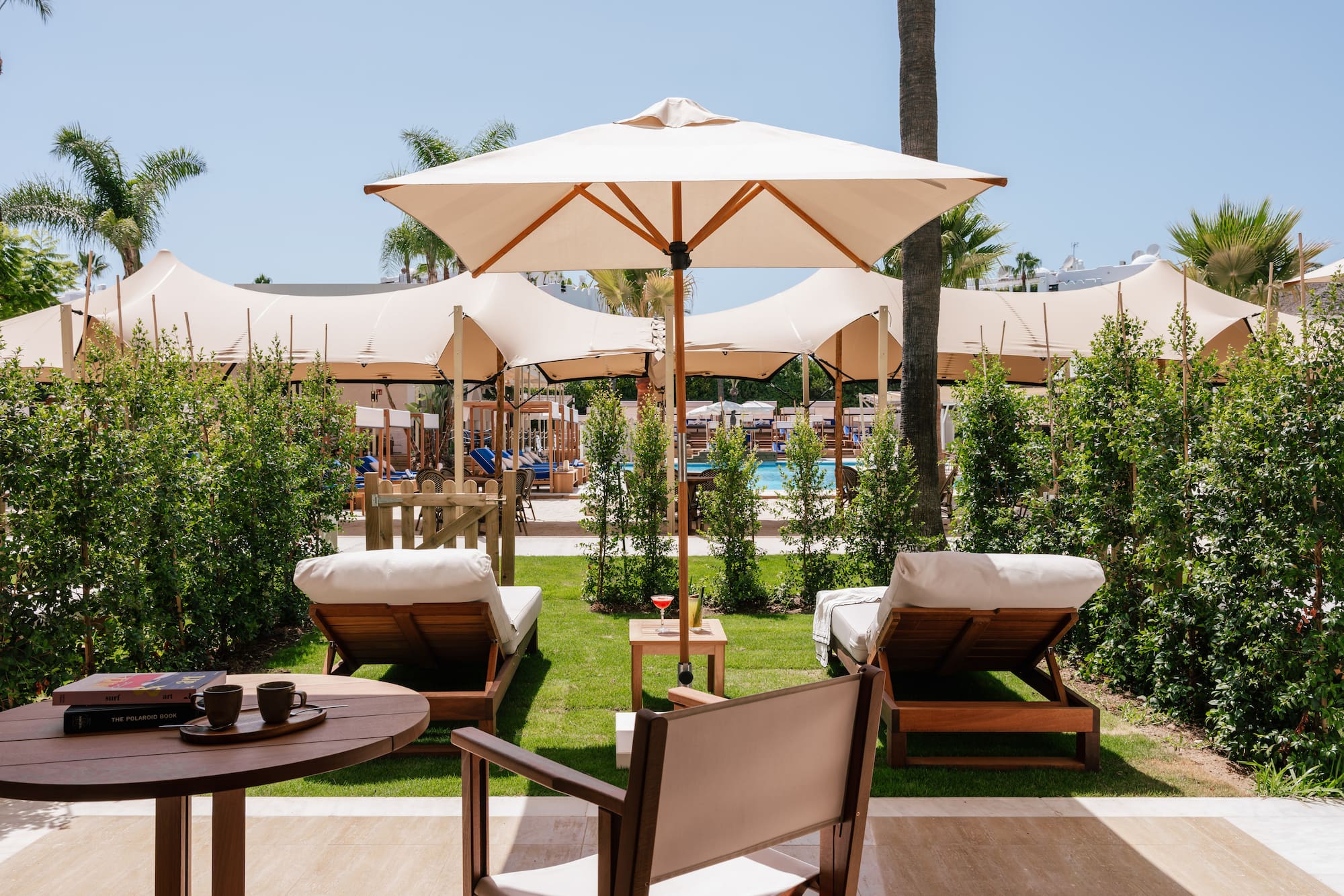 chairs and umbrellas on a patio