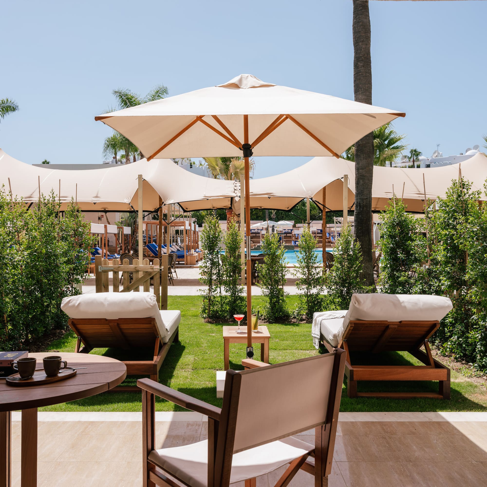 chairs and umbrellas on a patio