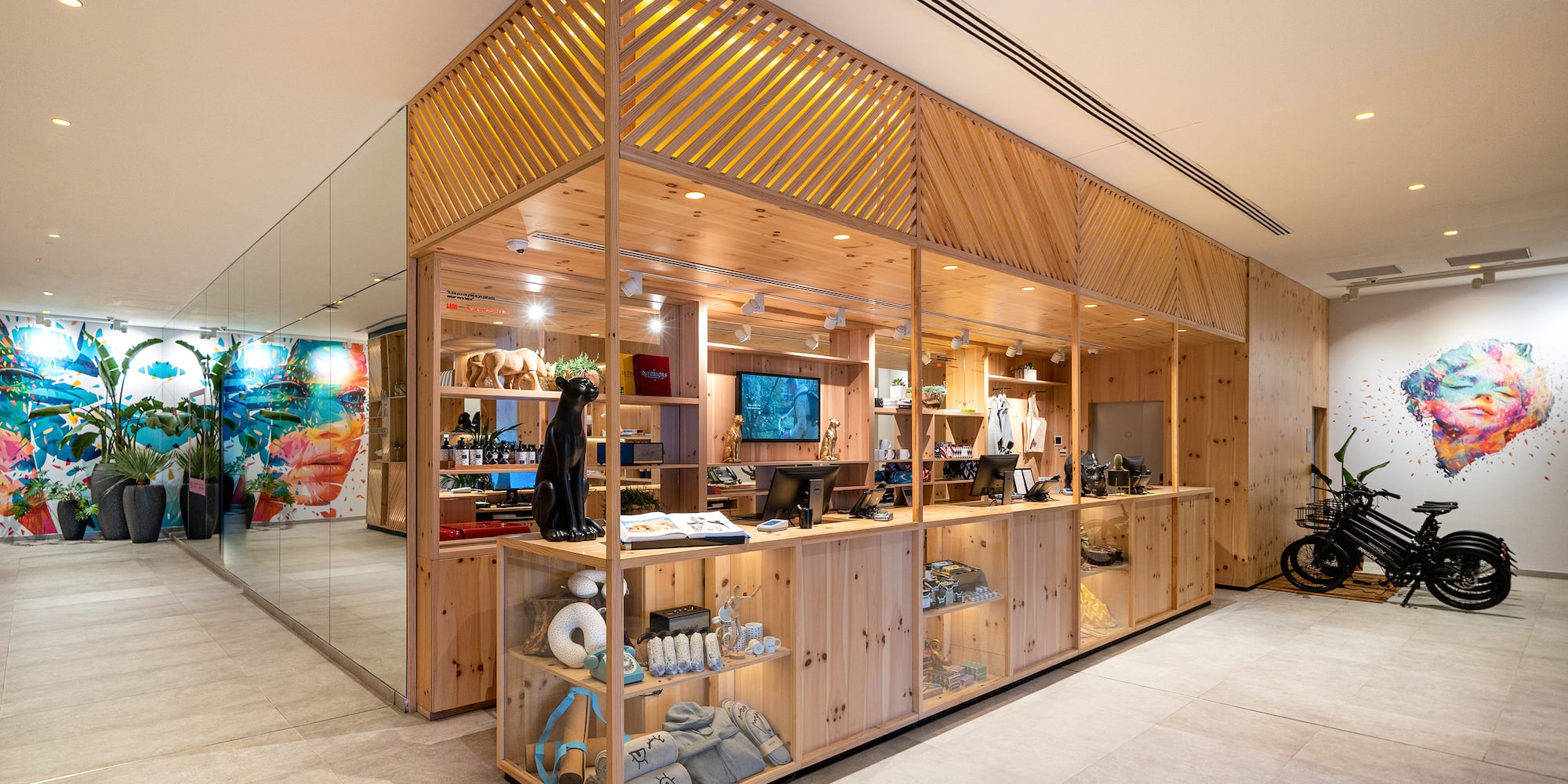 a store with glass walls and shelves