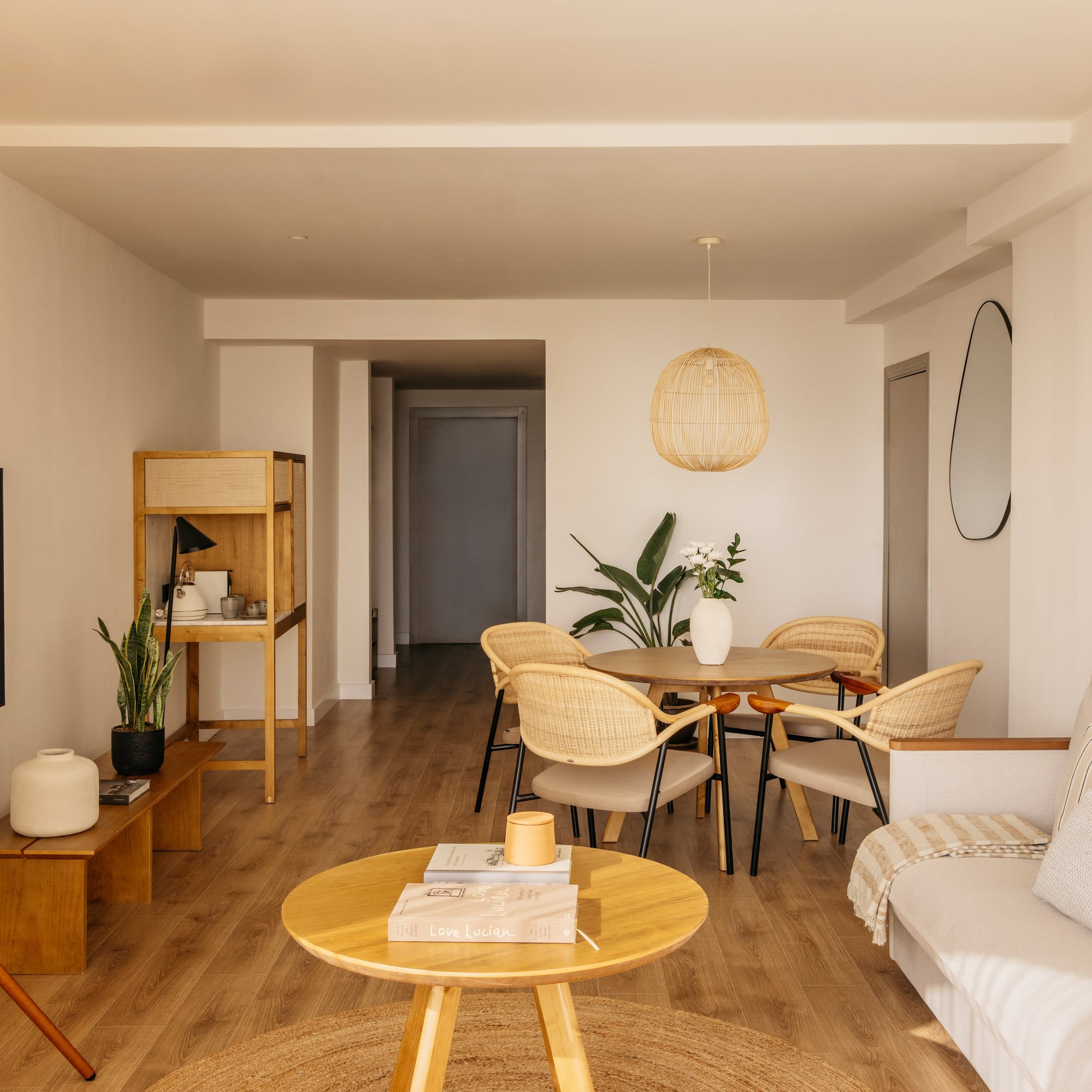 a living room with a couch and table
