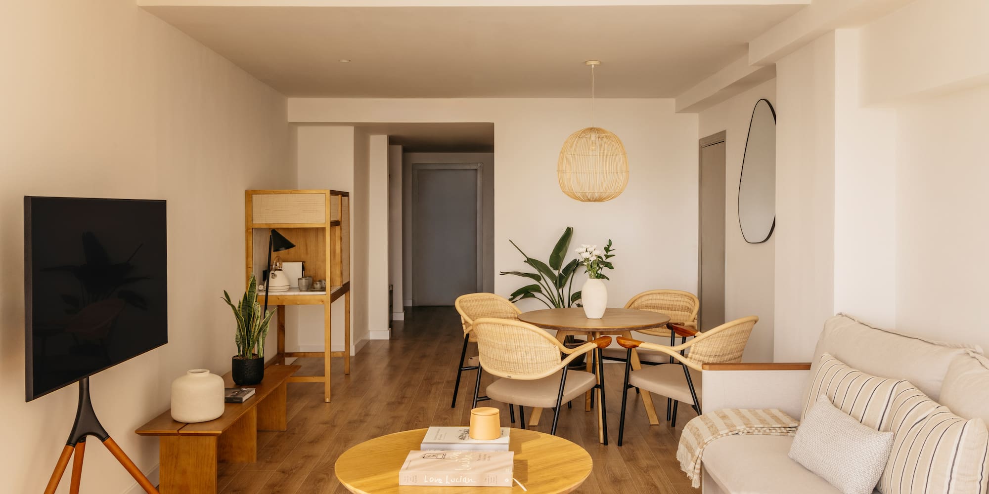 a living room with a couch and table
