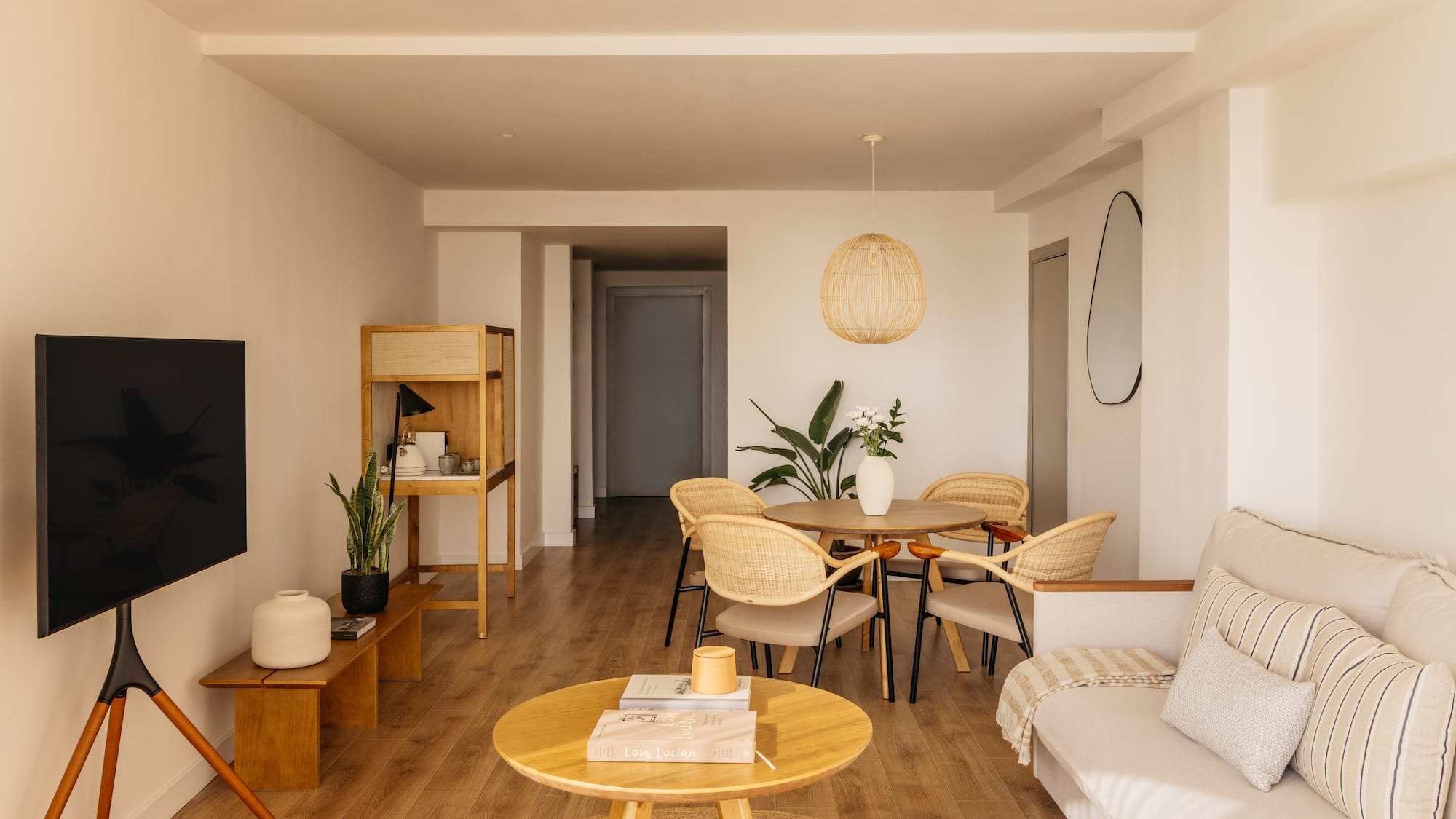 a living room with a couch and table