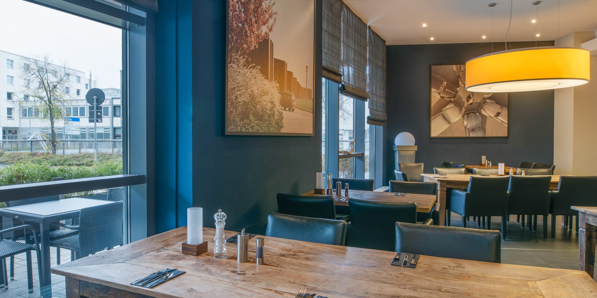 a room with a table and chairs