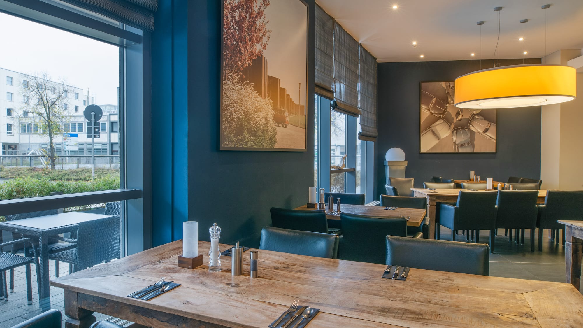 a room with a table and chairs