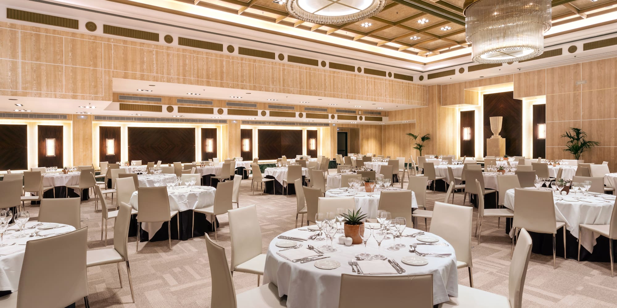 a large room with tables and chairs