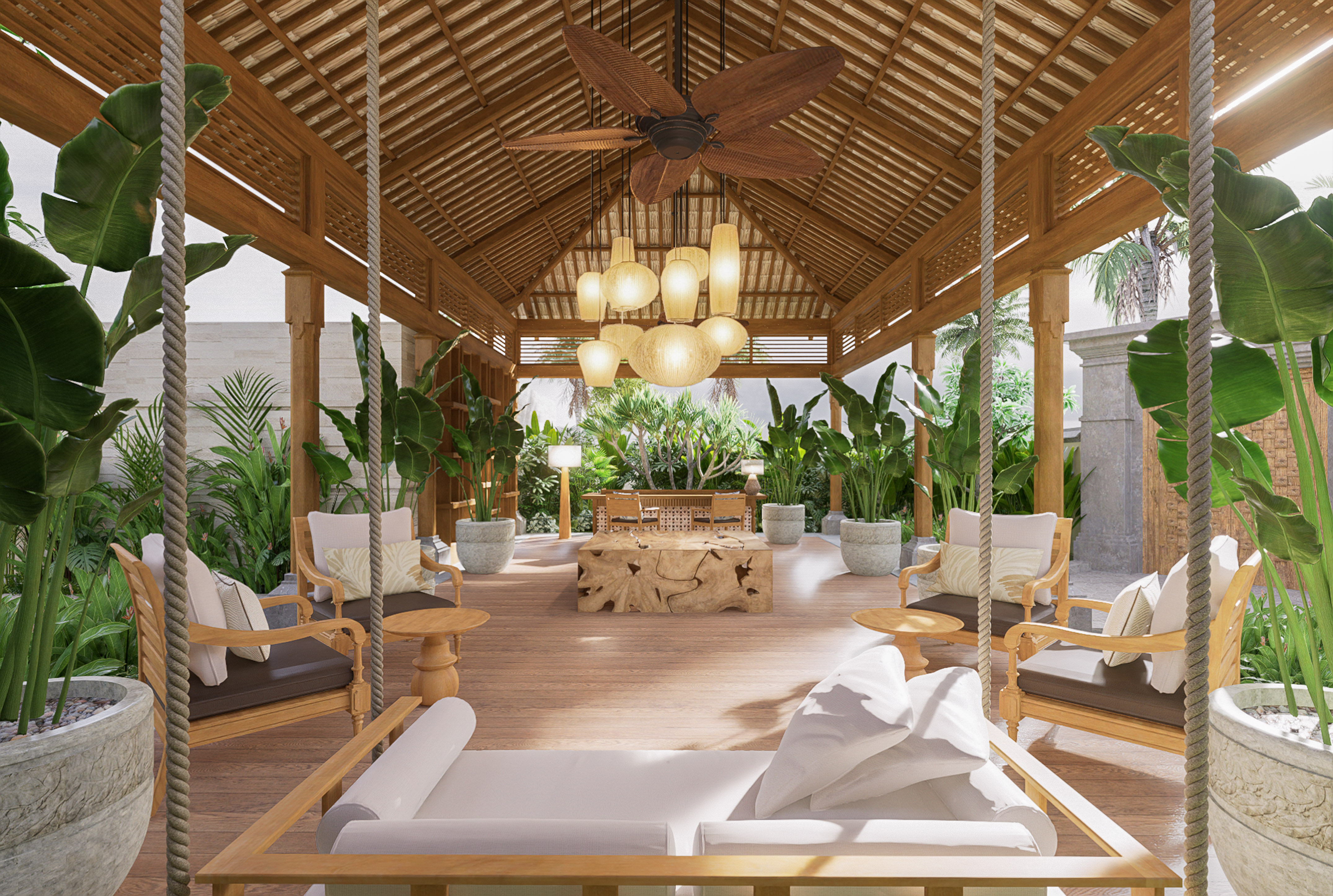 a room with a ceiling fan and chairs