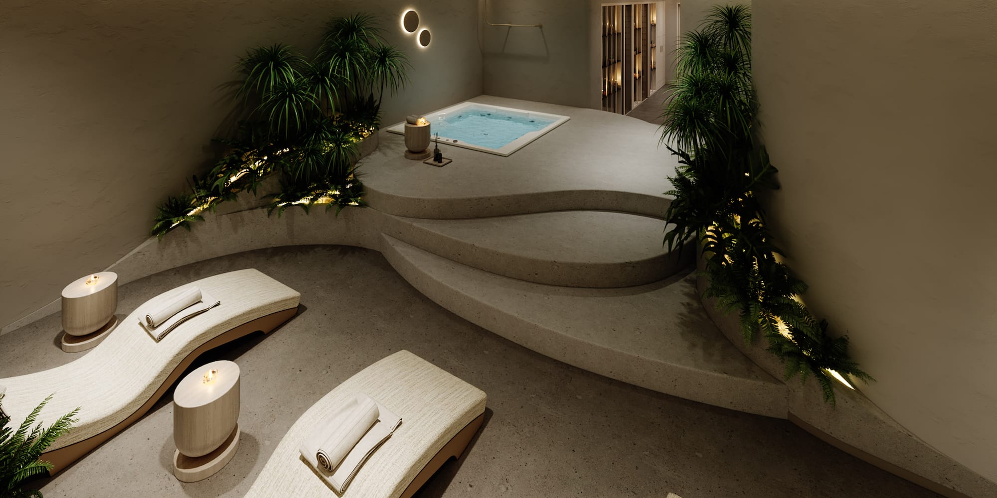 a room with a pool and a hot tub