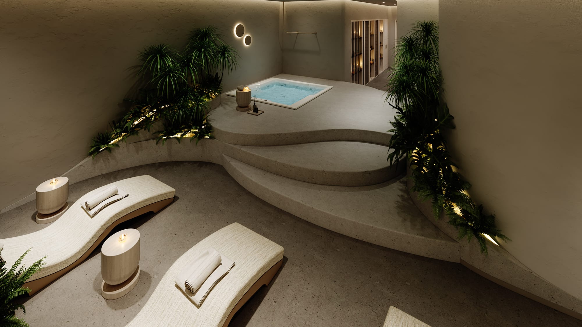 a room with a pool and a hot tub