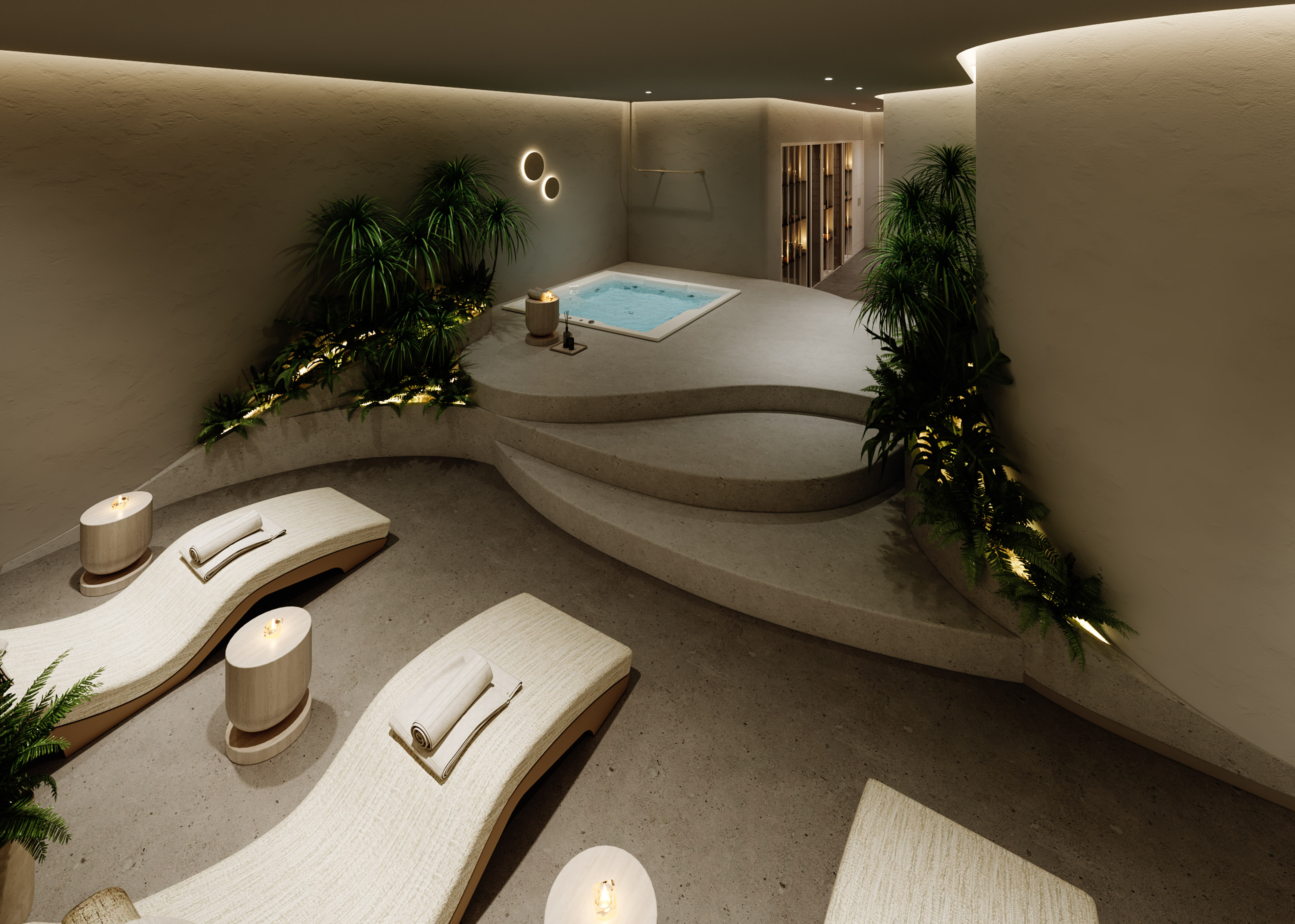 a room with a pool and a hot tub