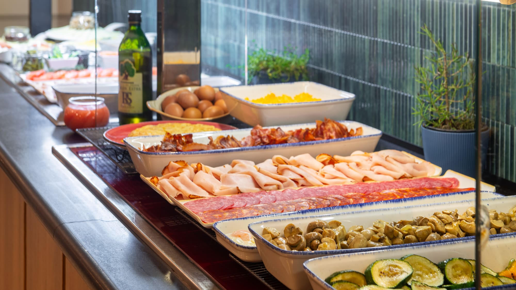 a trays of food on a counter