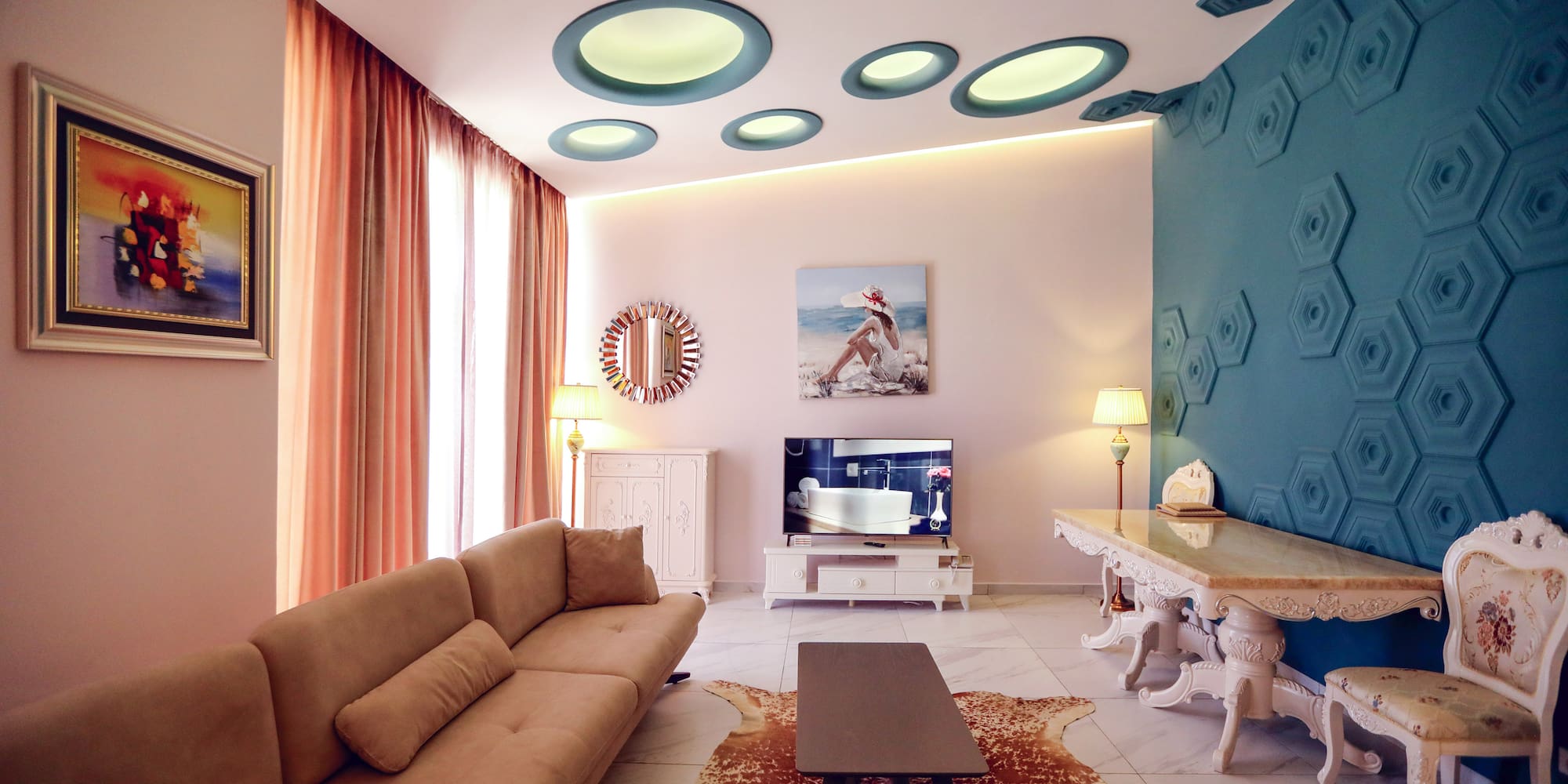 a living room with a couch and a table