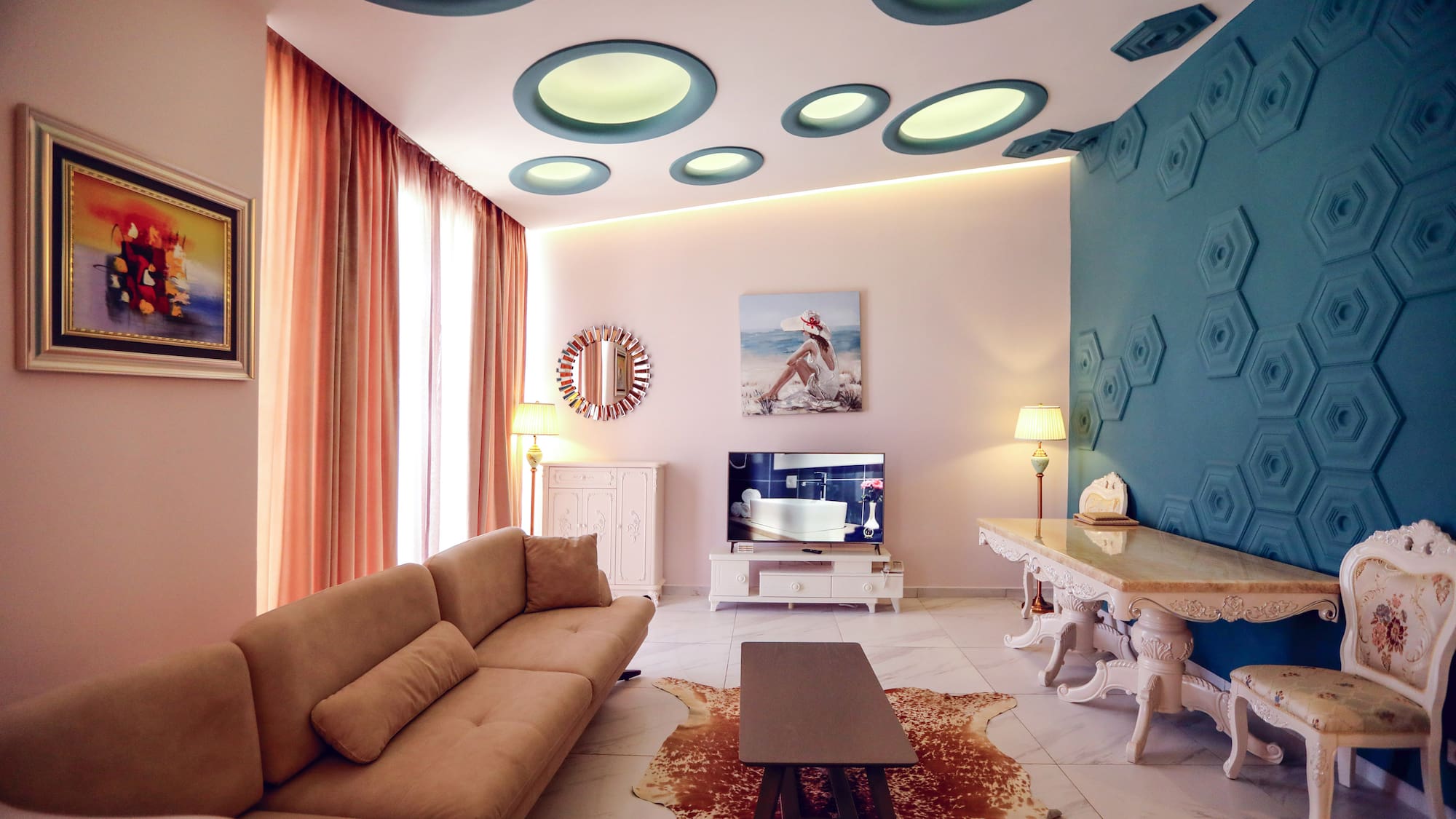 a living room with a couch and a table