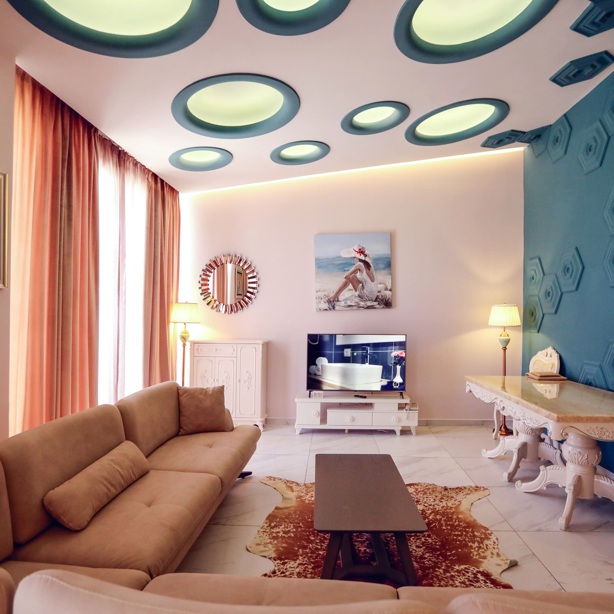 a living room with a couch and a table