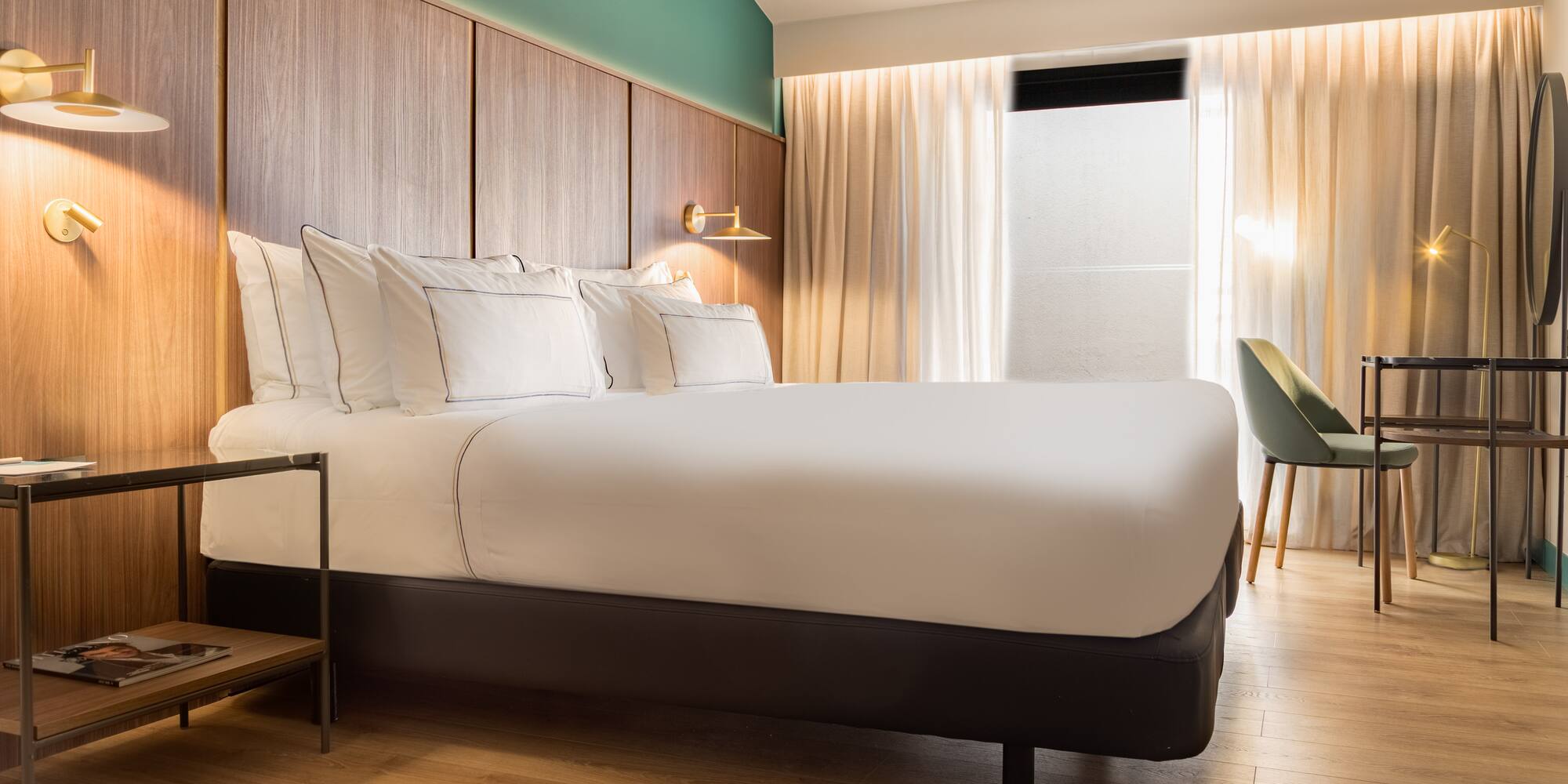 a bed in a hotel room