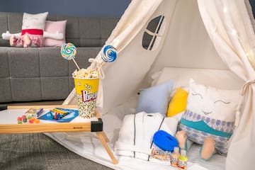 a table with food and objects on it