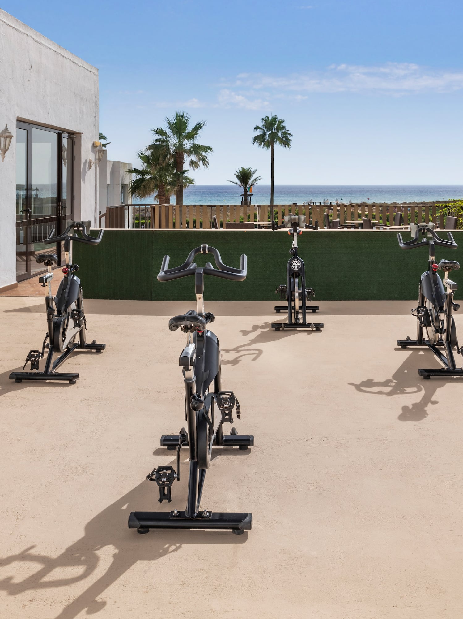 Outdoor gym with spin bikes on a patio, ocean view and palm trees.