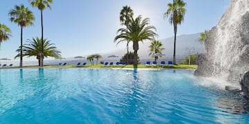 a pool with a fountain and palm trees