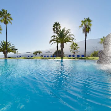 a pool with a fountain and palm trees