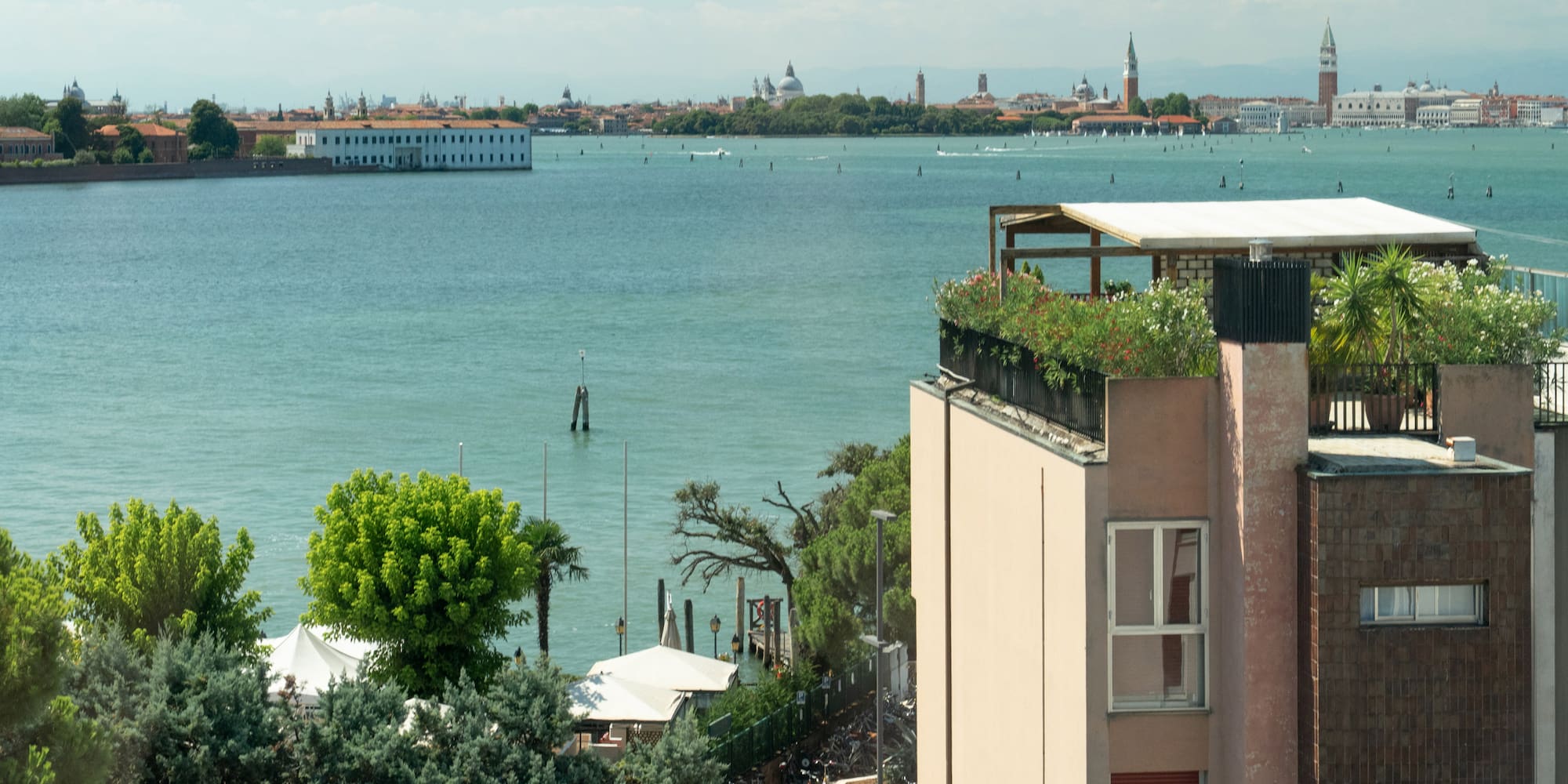 a view of a city from a building