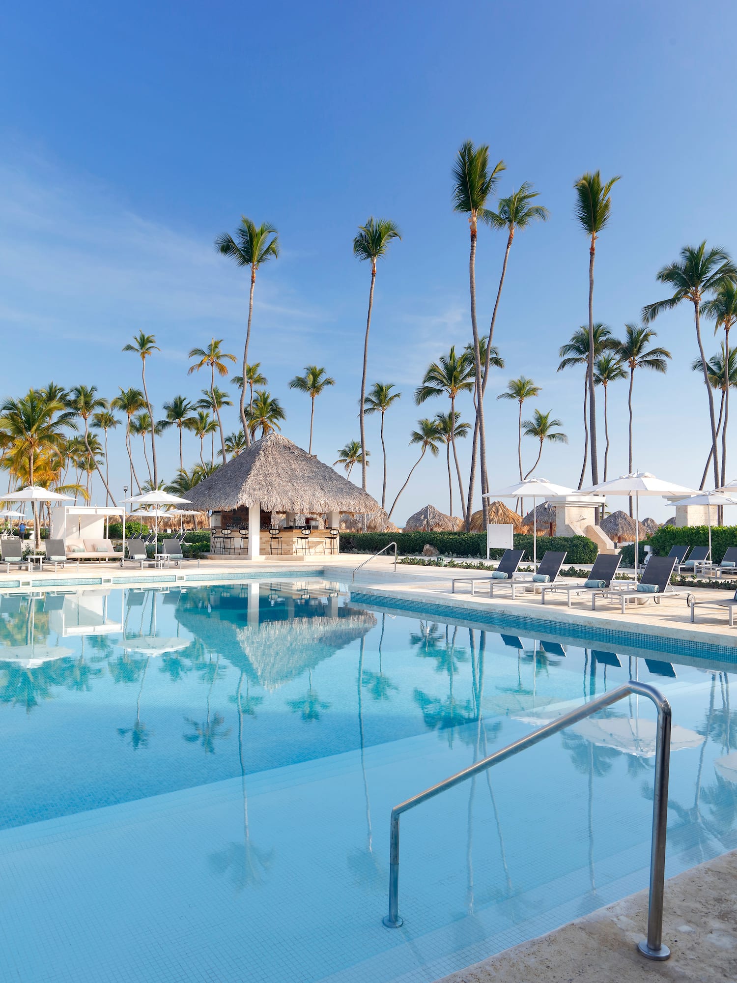 a pool with palm trees and umbrellas