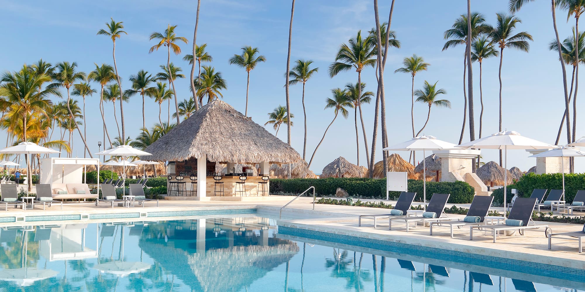 a pool with palm trees and umbrellas