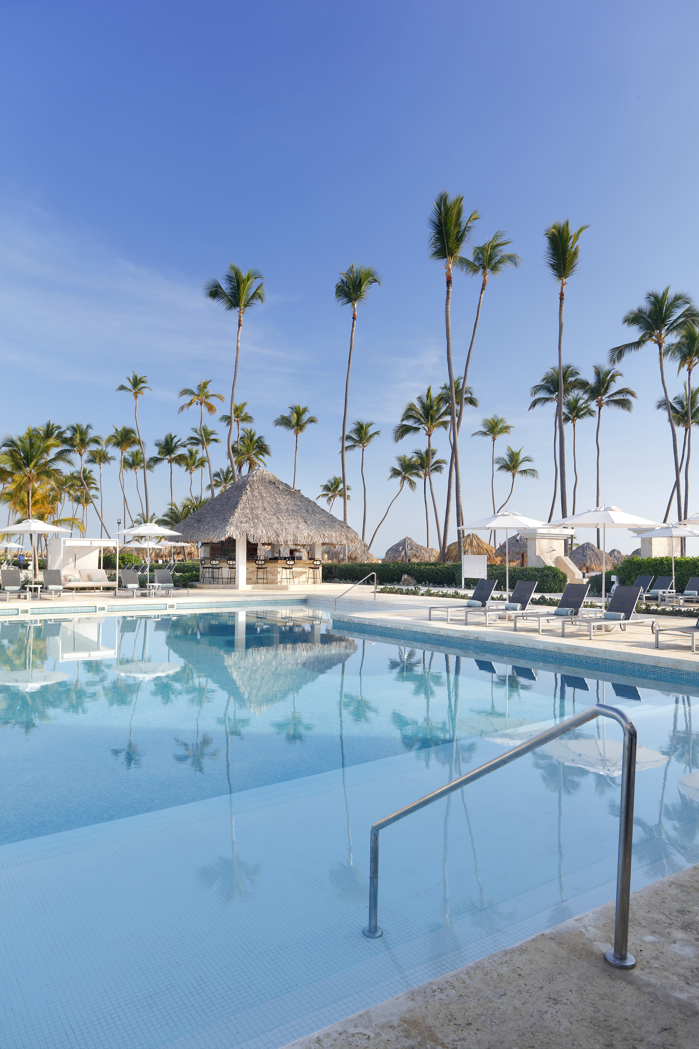 a pool with palm trees and umbrellas