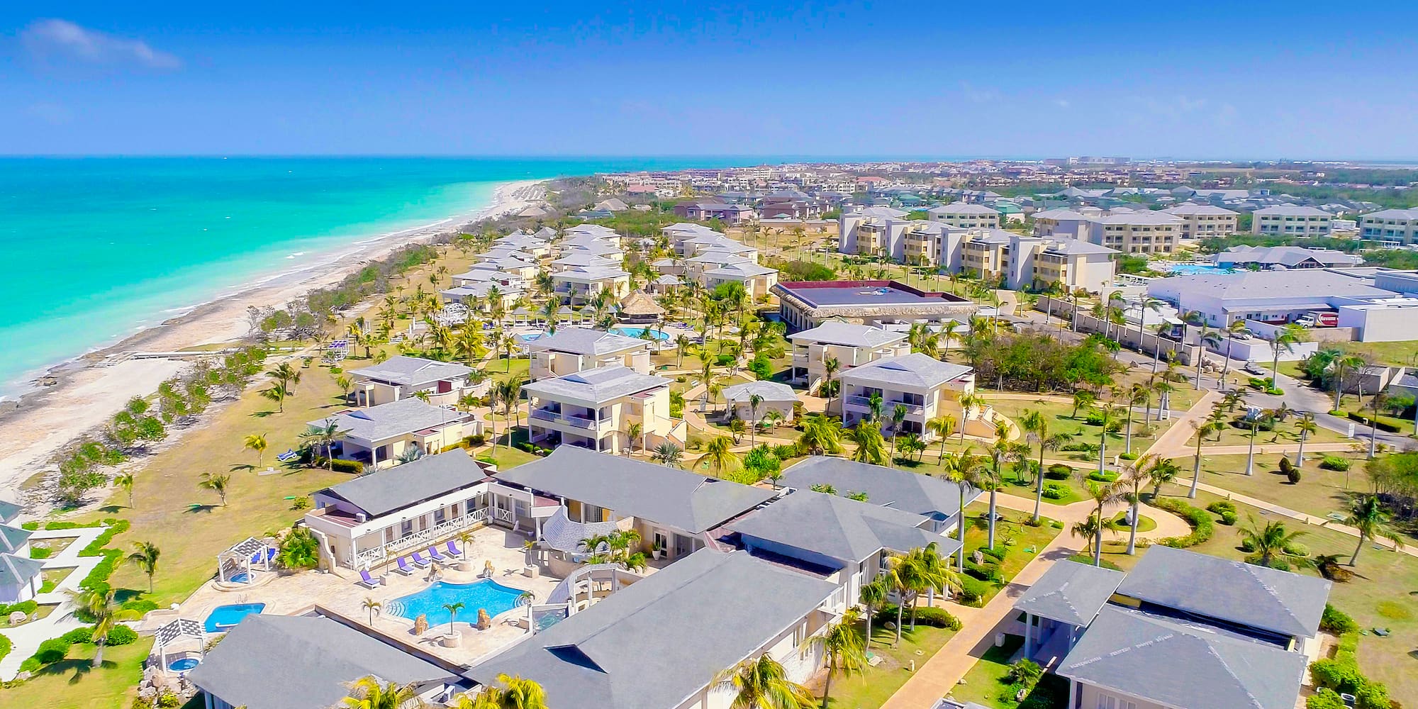 a group of houses with trees and a beach
