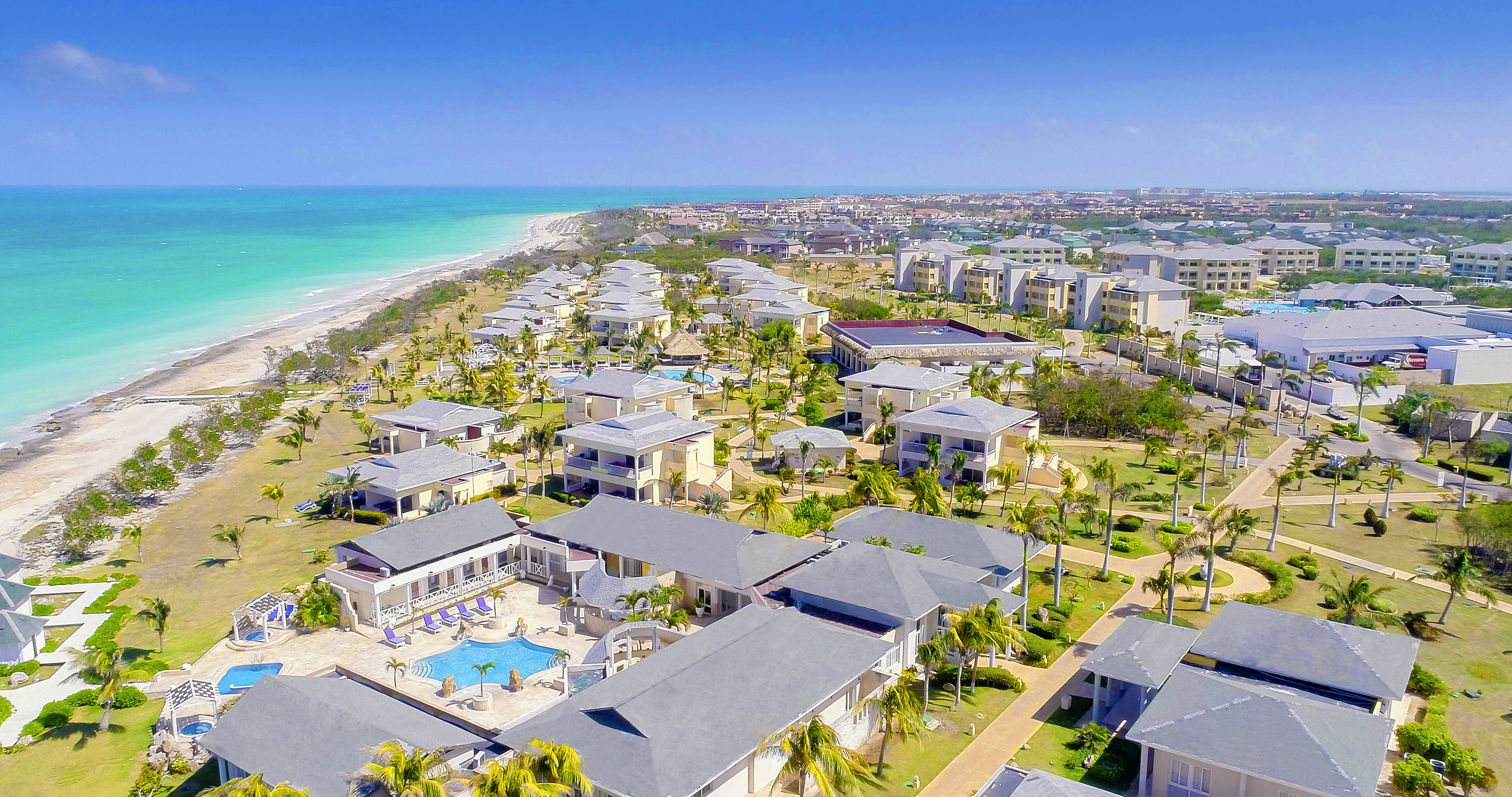 a group of houses with trees and a beach