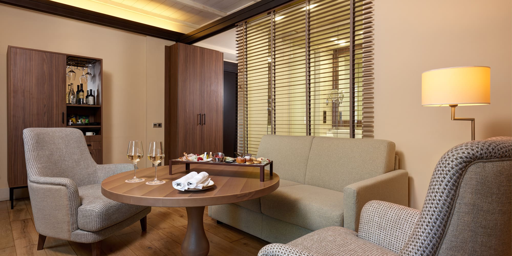 a room with a table and chairs