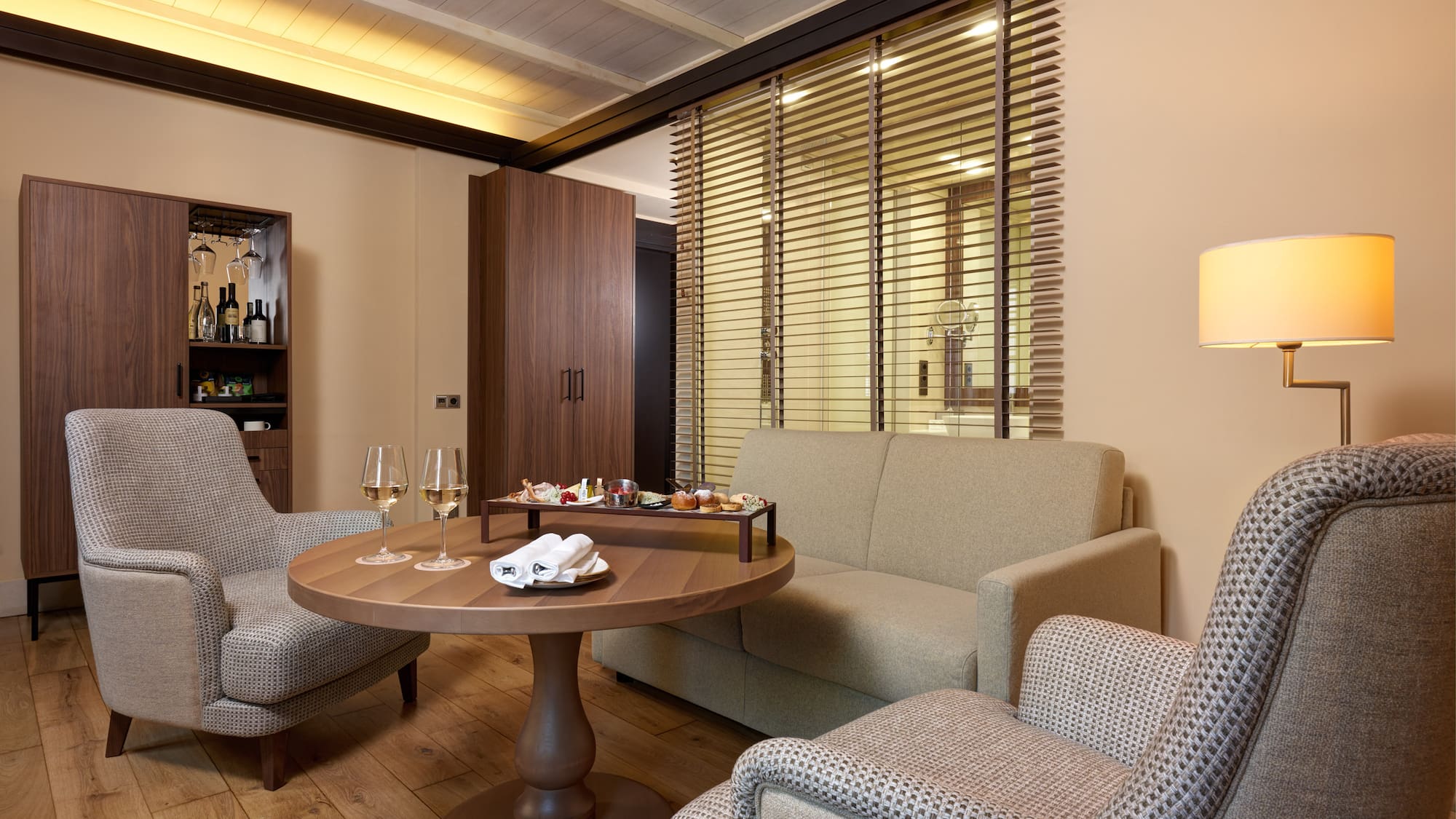 a room with a table and chairs