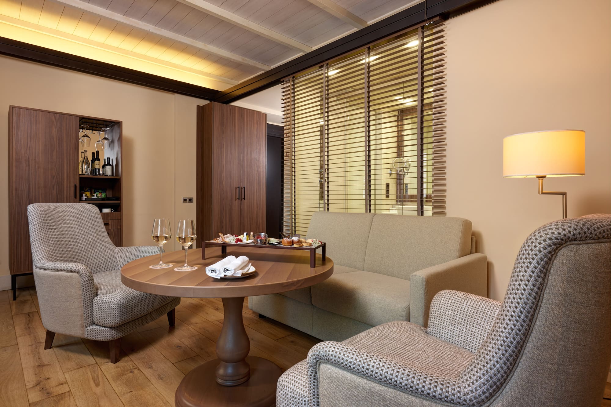 a room with a table and chairs