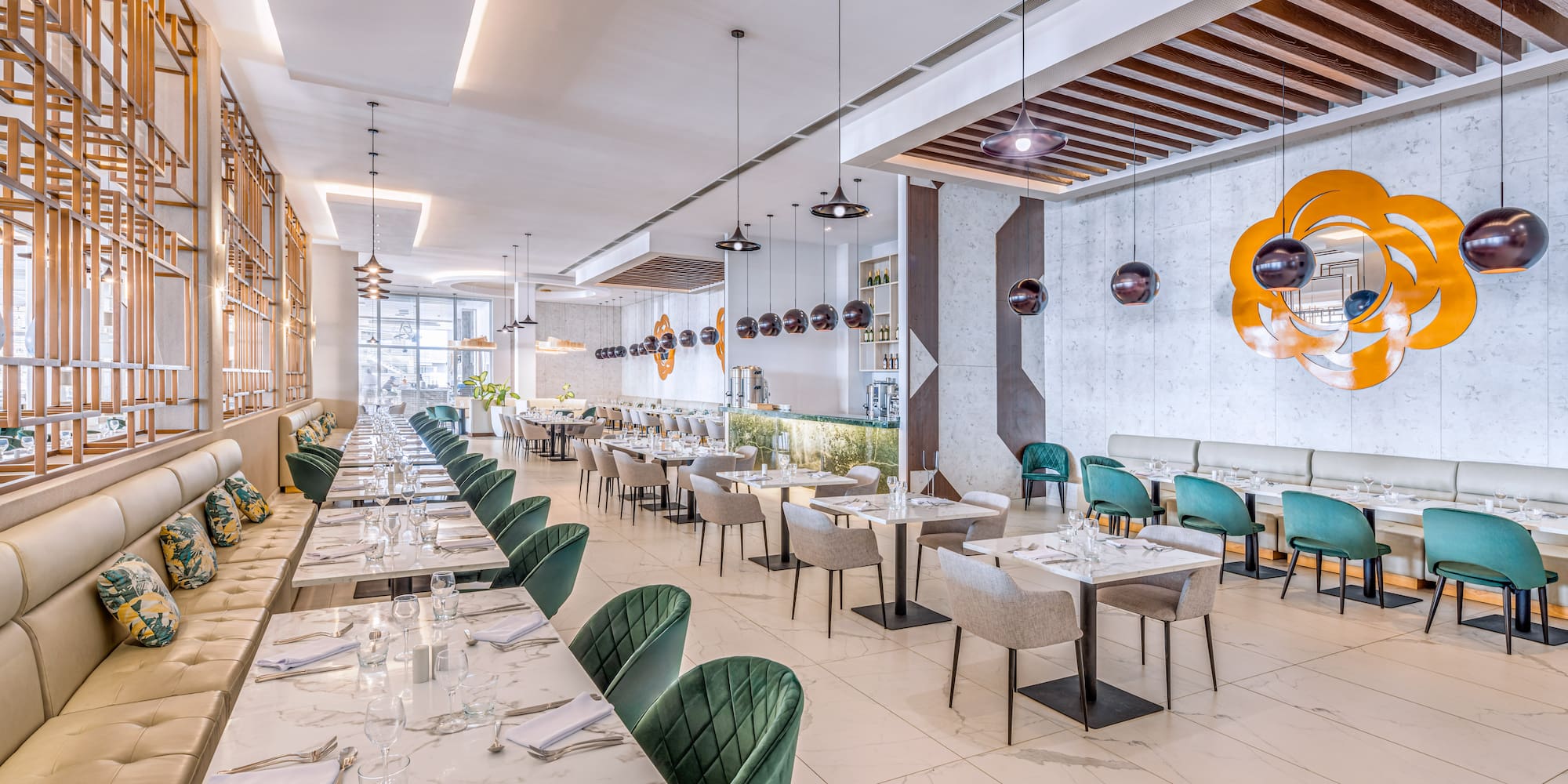 a restaurant with tables and chairs